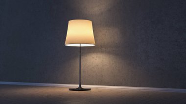 Alacakaranlıkta odanın iç. LAMP.3D illüstrasyon