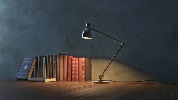 Interiören Rummet Skymningen Bok Med Lampa Illustration — Stockfoto