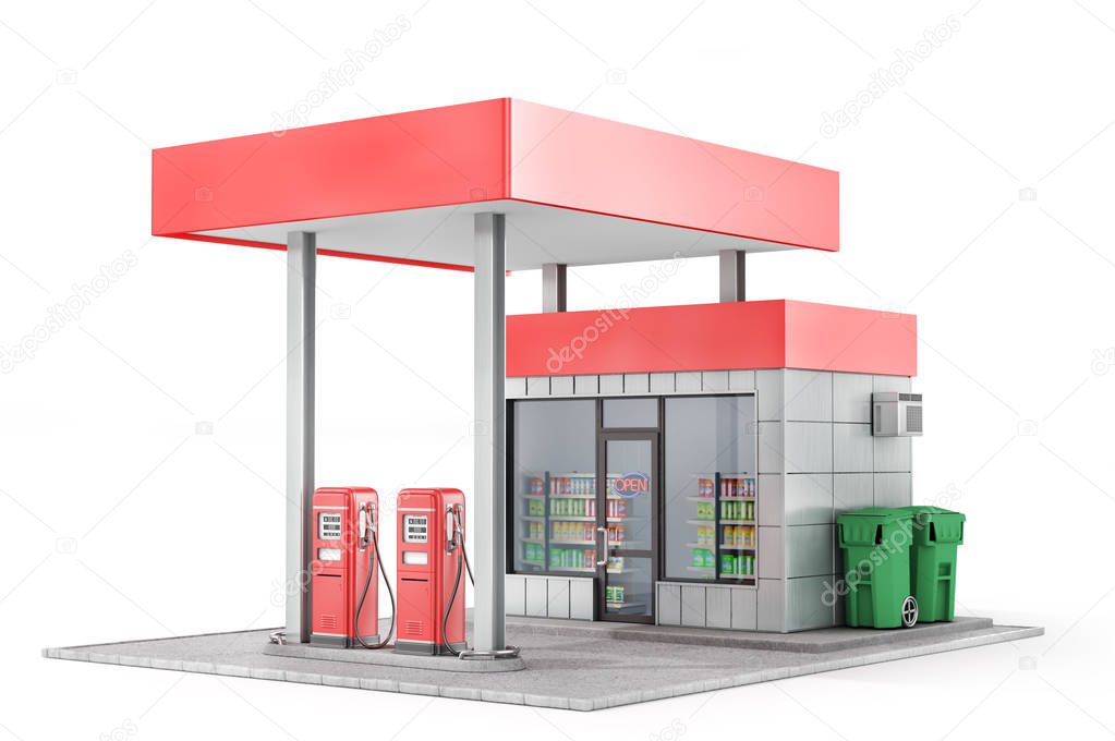 Petrol station isolated on a white background. 3d illustration
