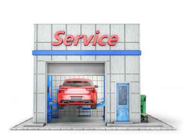 Araba tamir kavramı. Otomatik servis istasyonu beyaz izole. 3D çizim
