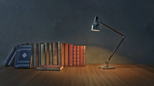 Interiören Rummet Skymningen Bok Med Lampa Illustration — Stockfoto