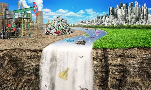 Koncepcja Globalnego Zanieczyszczenia Rzeka Niesie Śmieci Miasto Przemysłowe Tle Natura — Zdjęcie stockowe