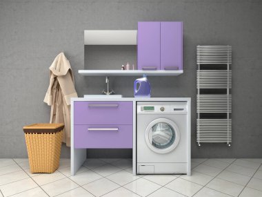 Çamaşır makinesi ile banyo tasarımı. 3D çizim