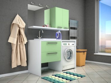 Çamaşır makinesi ile banyo tasarımı. 3D çizim