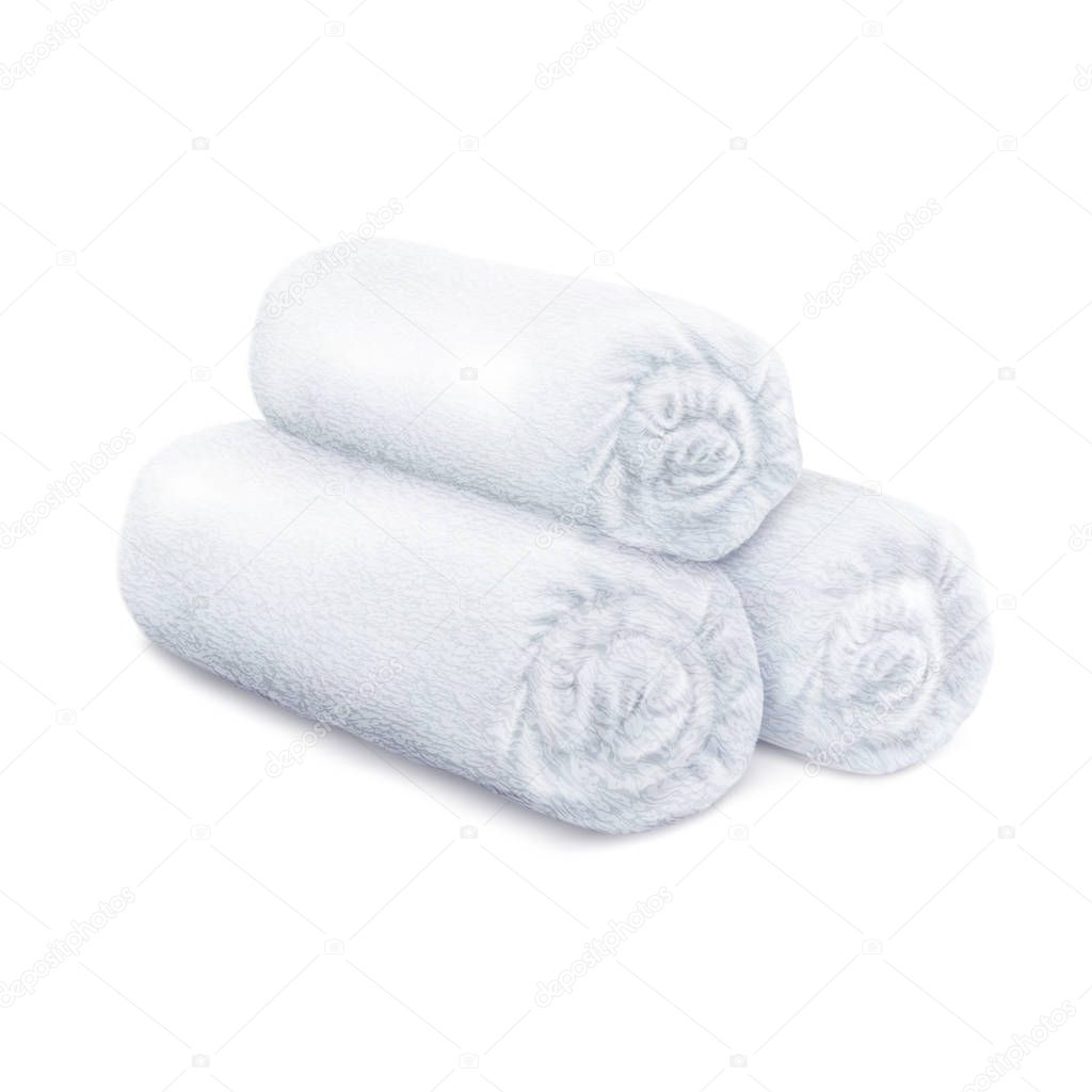 Vector. Mock Up. White rolled fluffy terry towels