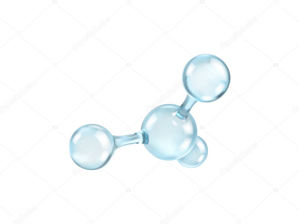 Glass molecule model. Reflective and refractive abstract molecular shape isolated on white background. Vector illustration