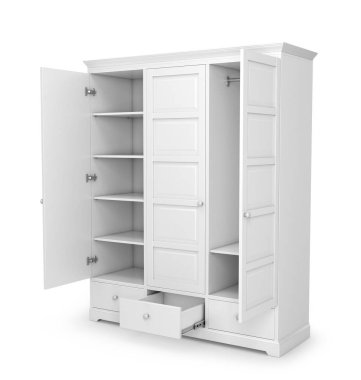 Açık beyaz arka plan üzerinde izole kapı ile dolap beyaz. 3D çizim