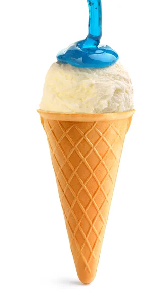 Vanilla Ice Cream Blue Sauce White Background — Stock Photo, Image