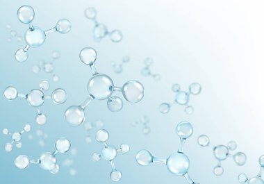 Molekülleri tasarlamak. Atomlar. Moleküler yapısı ile mavi küresel parçacıklar. Vektör illustratio