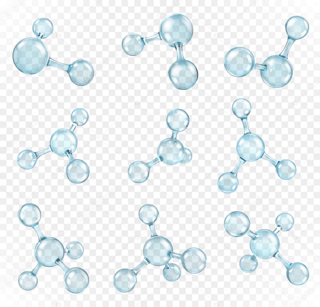 Glass transparent molecules model. Reflective and refractive abstract molecular shape isolated on transparent background. Vector illustration