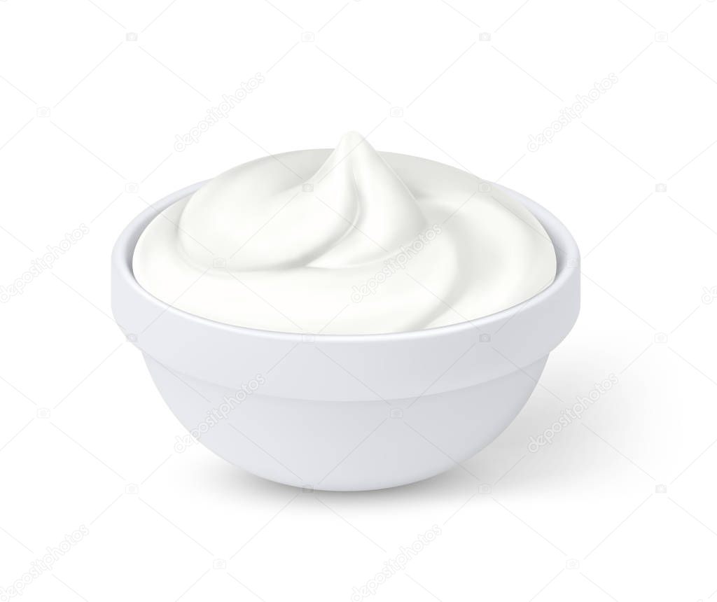 Realistic sour cream in bowl, mayonnaise, yogurt, isolated on white background. Vector illustration