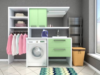 Çamaşır makinesi ile banyo tasarımı. 3D çizim