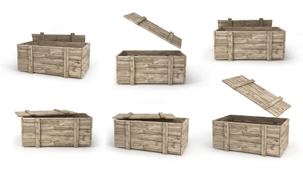 Dřevěné Boxy Různých Zobrazení Izolovaných Bílém Obrázek — Stock fotografie
