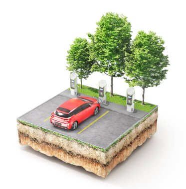 Eko kavramı. Elektrikli araç şarj istasyonu ile araba sıfır emisyon için çim ile yere parçası üzerinde. 3D çizim