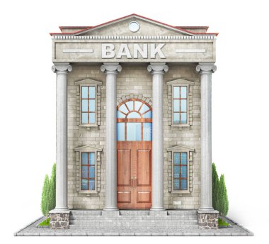 İş kavramı. Üzerinde beyaz izole Banka Binası. 3D çizim