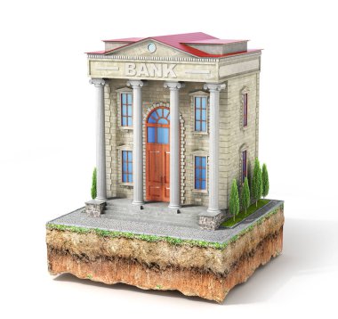 İş kavramı. Üzerinde beyaz izole Banka Binası. 3D çizim