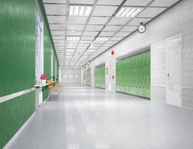 Okul koridorunun iç tarafında. 3d illüstrasyon