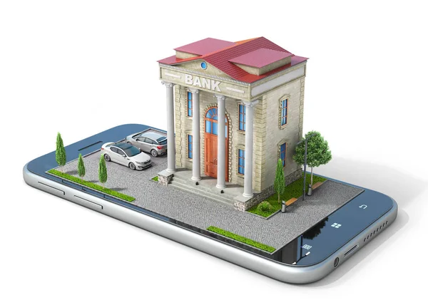 Mobila Banktjänster Koncept Bank Byggnad Telefonskärmen Illustration — Stockfoto