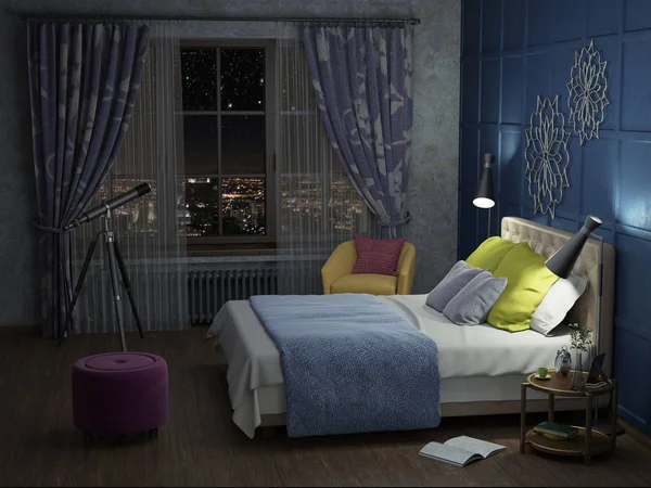 bedroom in the night with lights 3d illustration