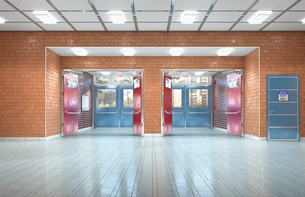 School corridor interior exit. 3d illustration