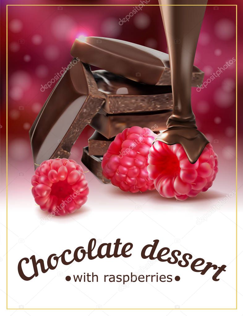 Raspberry chocolate dessert. Package for dessert. Vector illustration