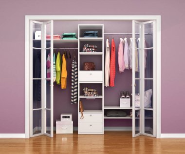 Ahşap katlanır kapılar soyunma odasına giden. 3D çizim