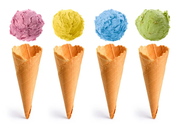Barevné Zmrzliny Koule Vaflemi Samostatný — Stock fotografie