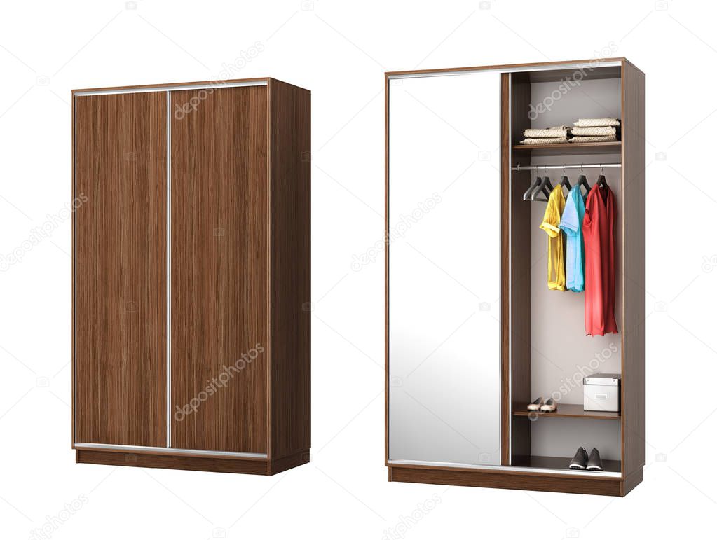 Collection of wardrobes for clothes isolated on a white background. 3d illustration