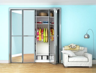 Oda dolap sürgülü kapılar ile. 3D çizim