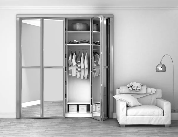 Dressing room with sliding doors, black and white picture. 3d Illustration