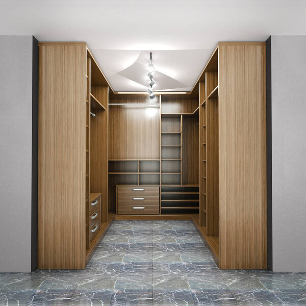 Modern luxury dressing room, wardrobe, 3d visualization