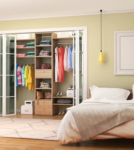 Sliding doors. Bedroom with separate dressing room. 3d illustration