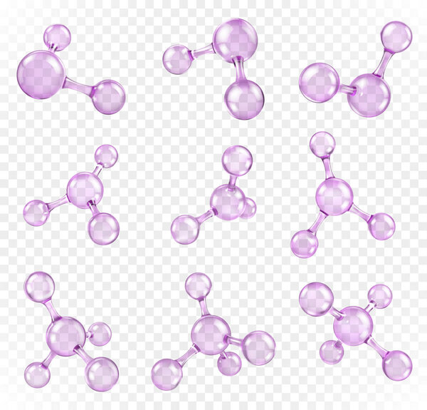 Glass transparent molecules model. Reflective and refractive abstract molecular shape isolated on transparent background. Vector illustration
