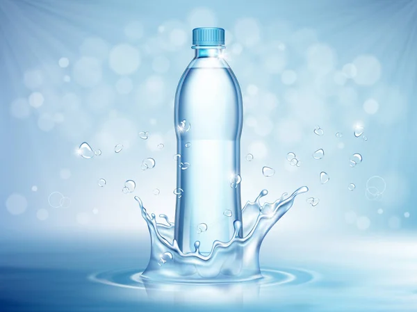 Água Mineral Pura Garrafa Plástico Meio Elementos Gota Água Voadora — Vetor de Stock