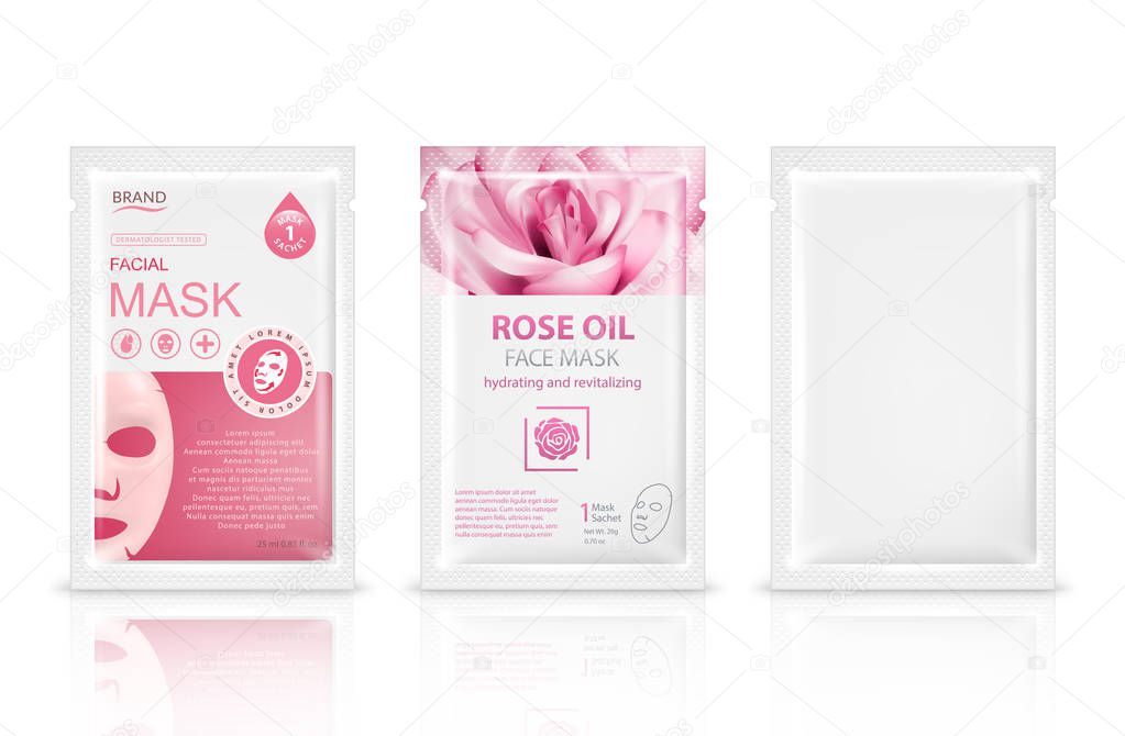 Facial sheet mask sachet package mockup set. Vector realistic illustration isolated on white background. Beauty product packaging design templates.