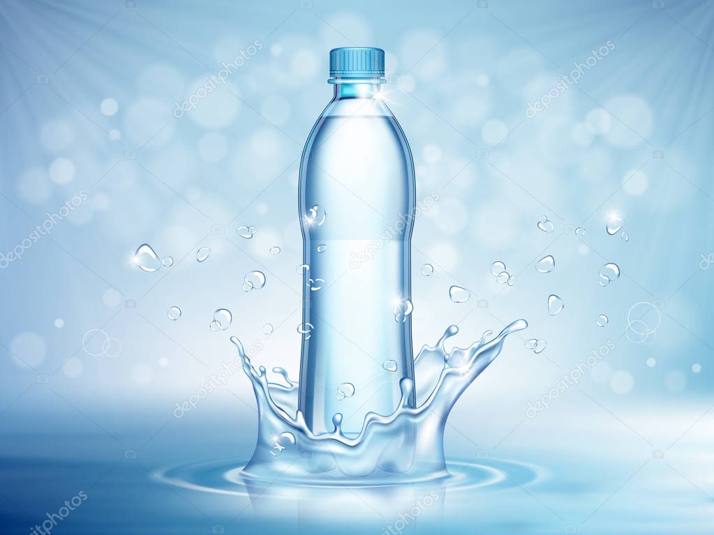 Pure mineral water, plastic bottle in the middle and flying water drop elements on blue background. Vector illustration