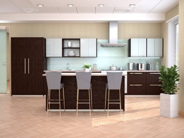 İç tasarım modern mutfak stüdyo. 3D çizim