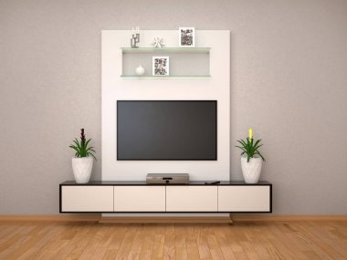 minimalist iç duvarda TV. 3D çizim