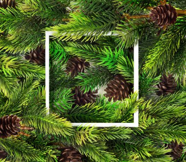 Mutlu Noeller. Noel ağacı ve beyaz bir çerçeve ile Noel kartı. Noel arka plan.