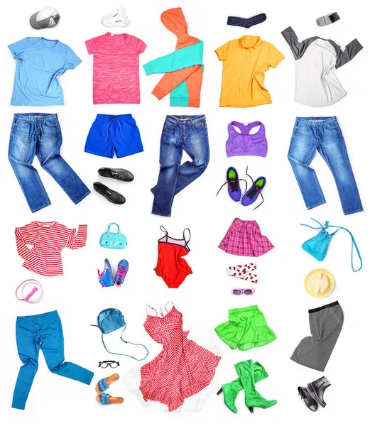 Abbigliamento Set Con Abiti Maschili Femminili Bambini Isolati Sfondo Bianco — Foto Stock