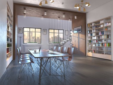 Kitaplık ile modern ofis iç. 3D çizim