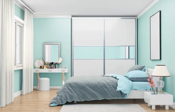 Dormitorio Colores Azules Suaves Armario Con Puertas Espejadas Cerca Cama — Foto de Stock