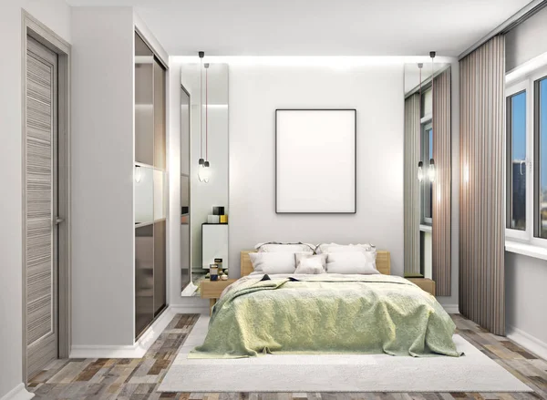 Gemütliches Schlafzimmer Mit Einem Kleiderschrank Mit Verspiegelten Türen Neben Dem — Stockfoto