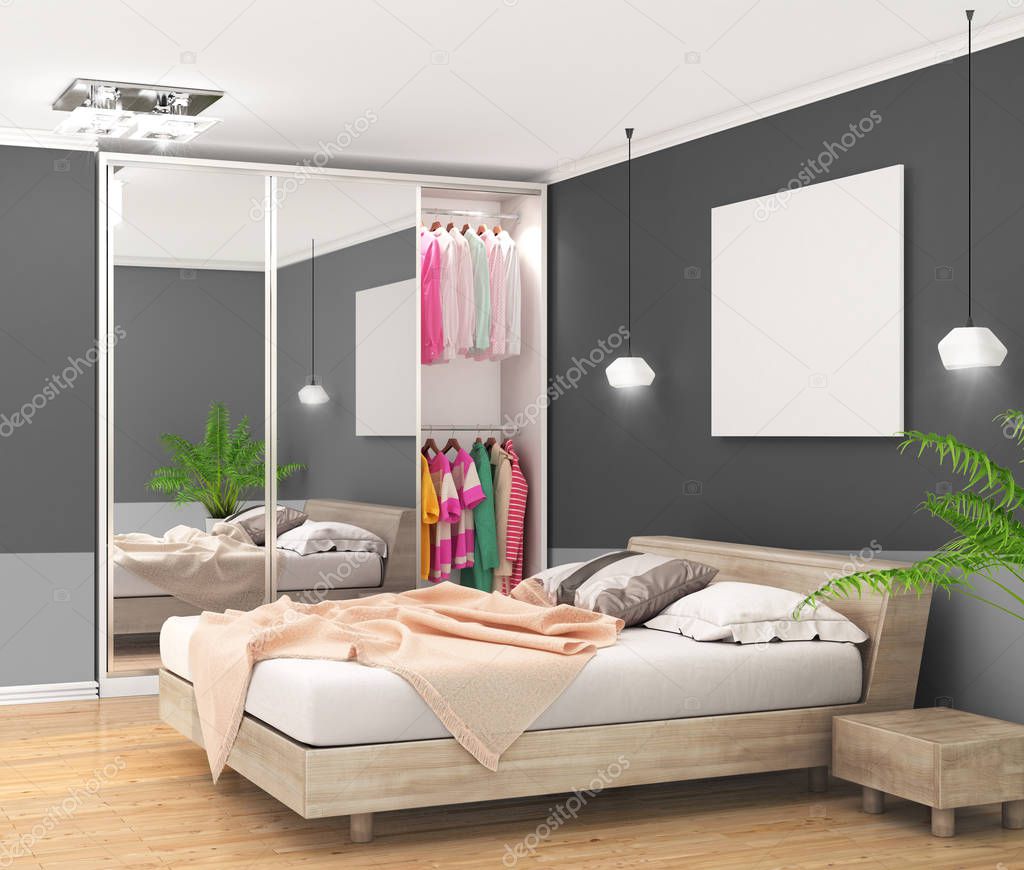 Modern bedroom with dark walls, large closet with mirrored doors and large bed, empty canvas on the wall. 3d illustratio