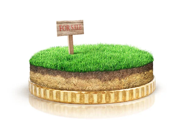 Verkauf Von Grundstücken Konzept Stück Boden Mit Saleboard Auf Münze — Stockfoto