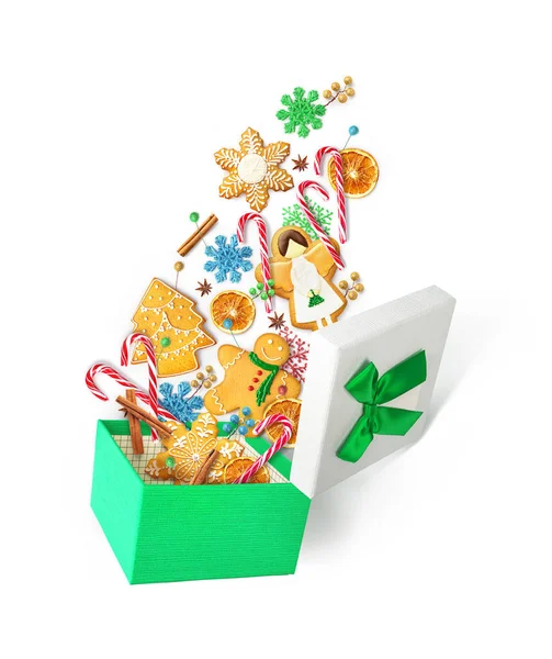 New Year Card Box Gifts Ginger Cookies Christmas Toys Isolated — Stock Photo, Image