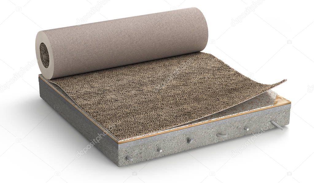 Floor layers. Piece of carpet floor. 3d illustration