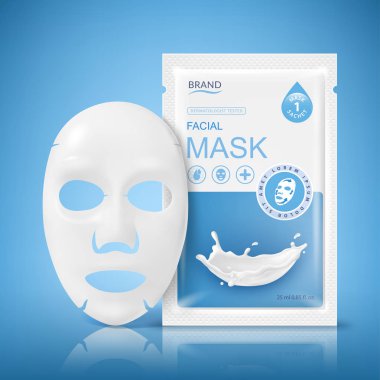 Yüz sayfa maskesi poşet paket. Vektör gerçekçi illüstrasyon izole mavi arka plan üzerinde. Güzellik ürün ambalaj tasarım şablonları.