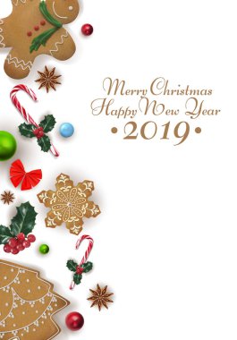 Noel ve yeni yıl kartı şenlikli elemanları ile. Gingerbread, Yıldız anason, yay, boncuk, holly Etiketler, şeker. Mavi bir arka plan üzerinde vektör çizim.