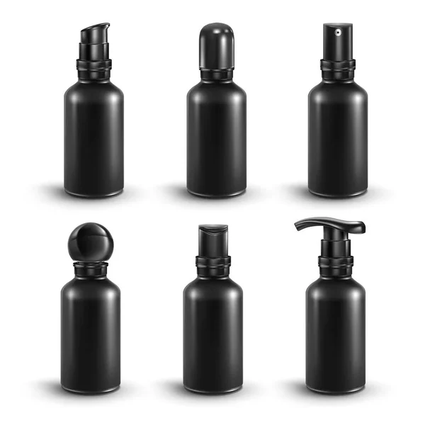 Vector Mock Black Set Cylinder Mini Vial Black Different Caps — Stock Vector